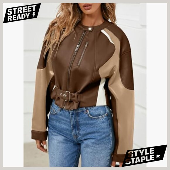 Faux Leather Cropped Bomber Jacket Zipper Moto Biker Coat Fall Casual - Picture 4 of 7